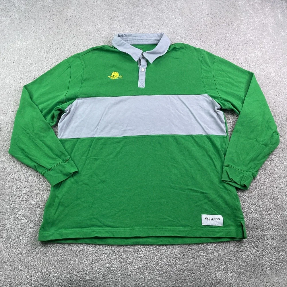 Oregon Ducks Polo Shirt Men Large Green Nike Campus Collection Long Sleeve Rugby